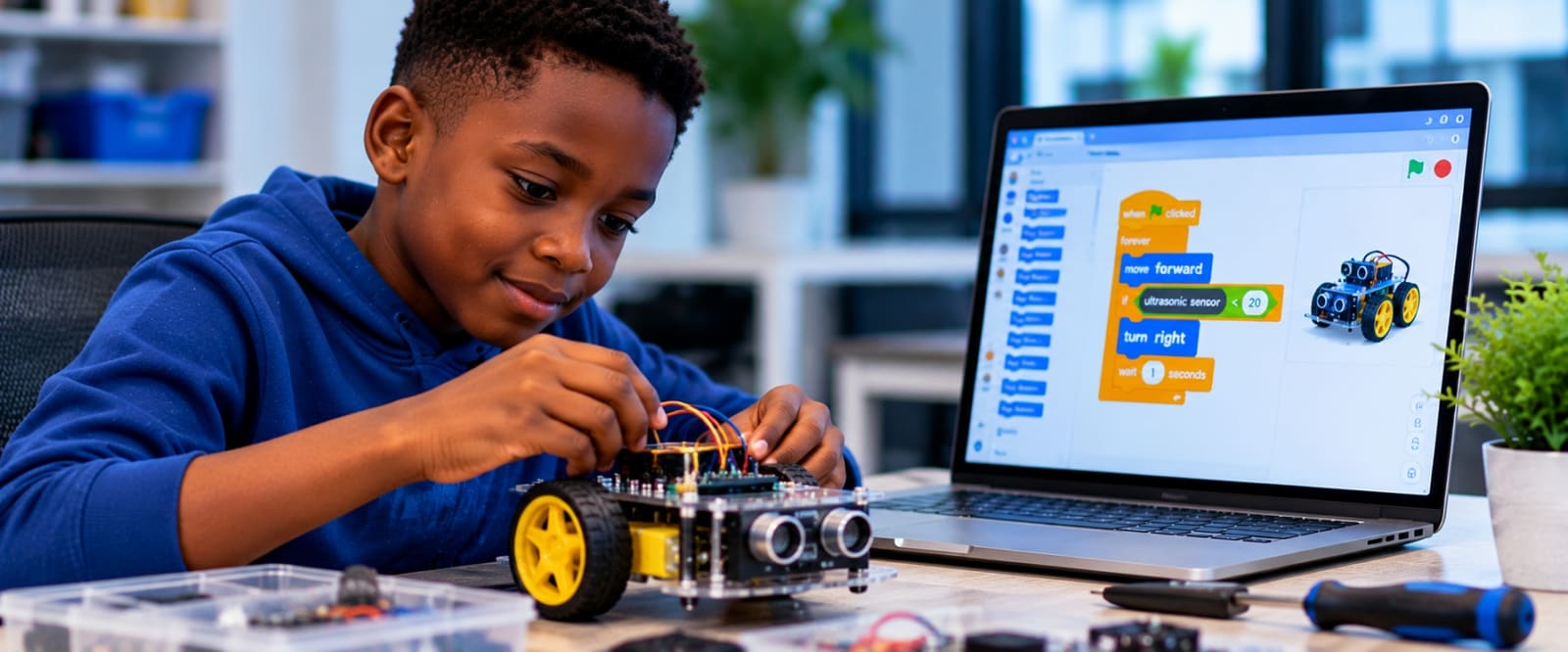 Un jeune apprenant programme un robot avec des blocs