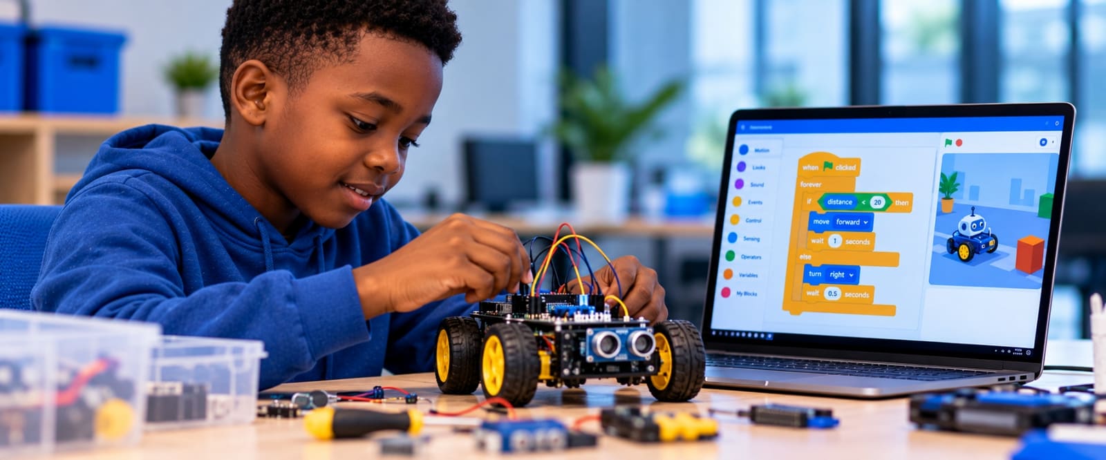 Un jeune inventeur assemble un robot programmable