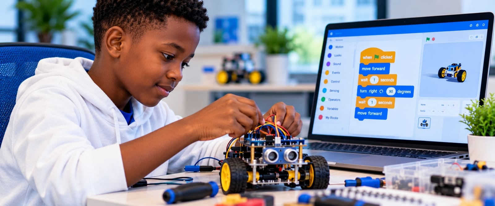 Un enfant travaille en toute sécurité sur un projet de robotique