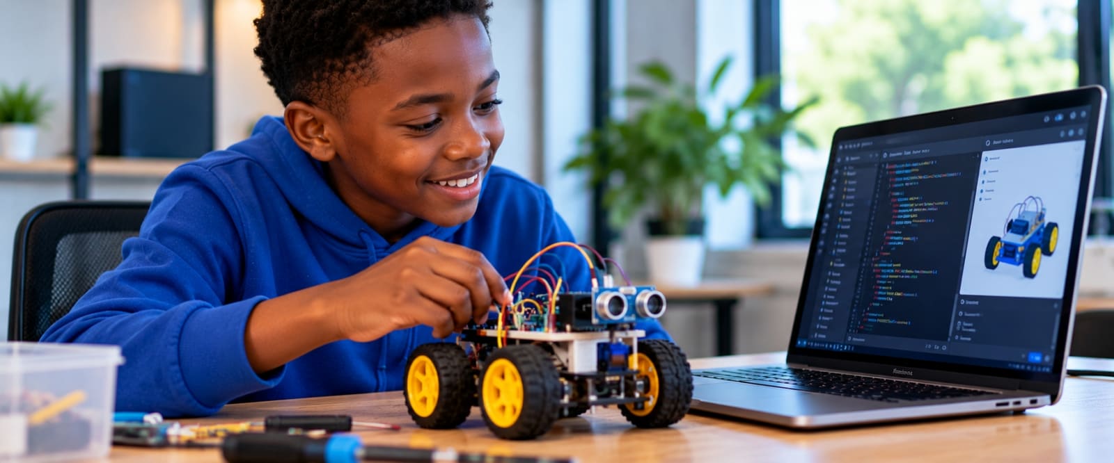 Un jeune apprenant construit une voiture robot