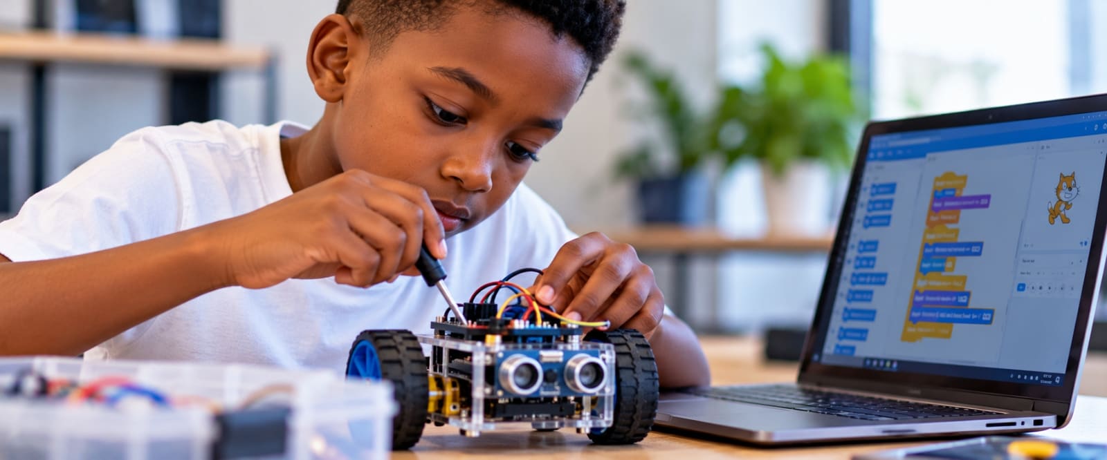 Un jeune apprenant construit un robot à JSP Kids Academy